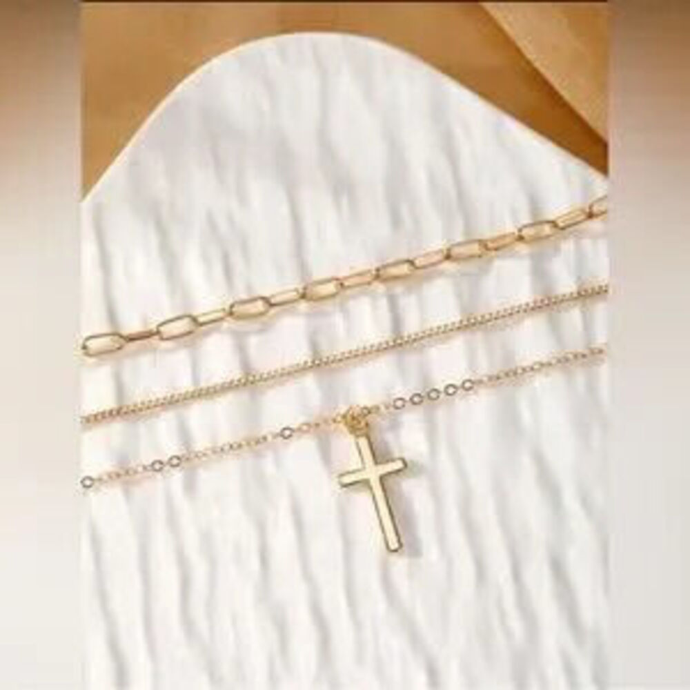 Gold 3pc Cross Pendant Layered Necklace Set - Picture 3 of 3